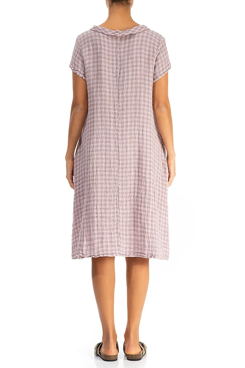 Short Sleeves Pink Check Linen Midi Dress