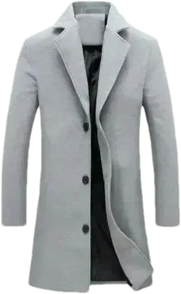 Single Breasted Lapel Long Coat Jacket Autumn Winter Casual Overcoat Trench Men's Woolen Coats Solid Color