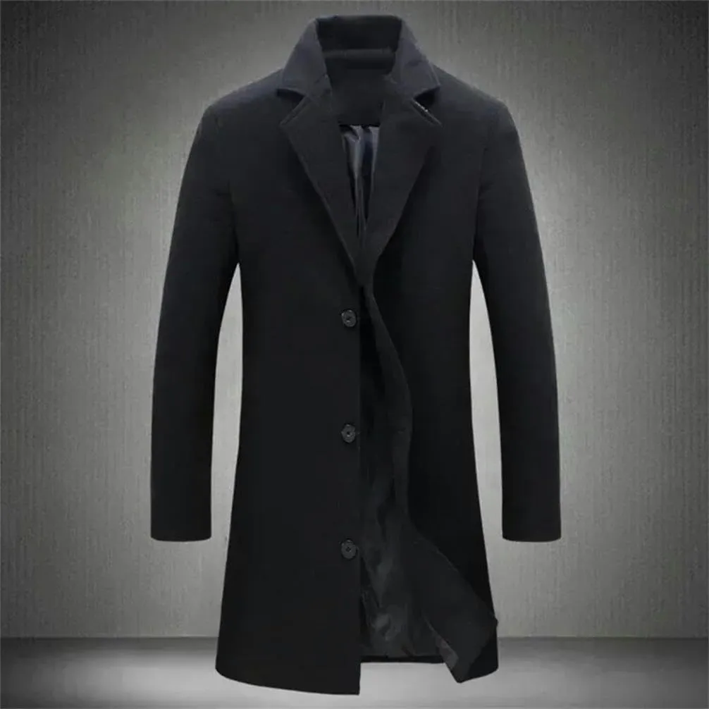 Single Breasted Lapel Long Coat Jacket Autumn Winter Casual Overcoat Trench Men's Woolen Coats Solid Color