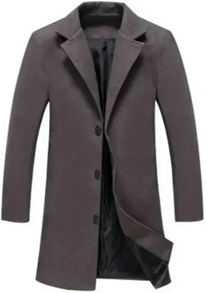 Single Breasted Lapel Long Coat Jacket Autumn Winter Casual Overcoat Trench Men's Woolen Coats Solid Color