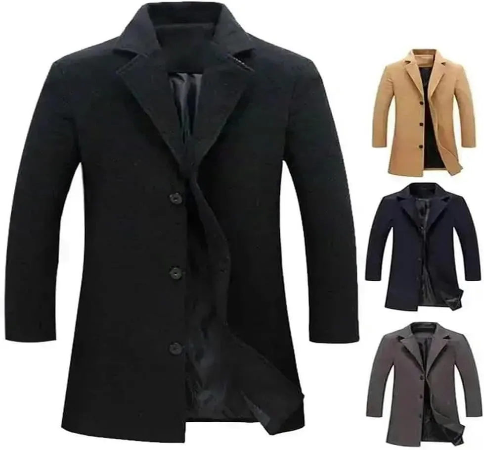 Single Breasted Lapel Long Coat Jacket Autumn Winter Casual Overcoat Trench Men's Woolen Coats Solid Color