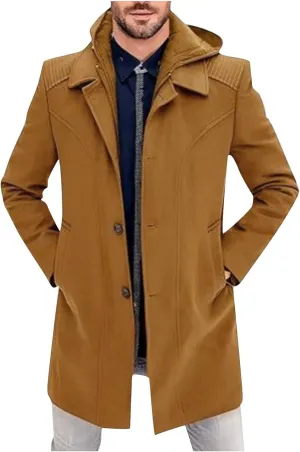 Sinzelimin Men's Hooded Windbreaker Jacket Fall Winter Fashion Wool Trench Coat Button Shawl Collar Mid-Length Outwear Jacket