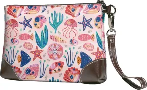 Small Clutch Purses for Women - pink shell Leather Wristlet Wallets for Women with Wrist Strap
