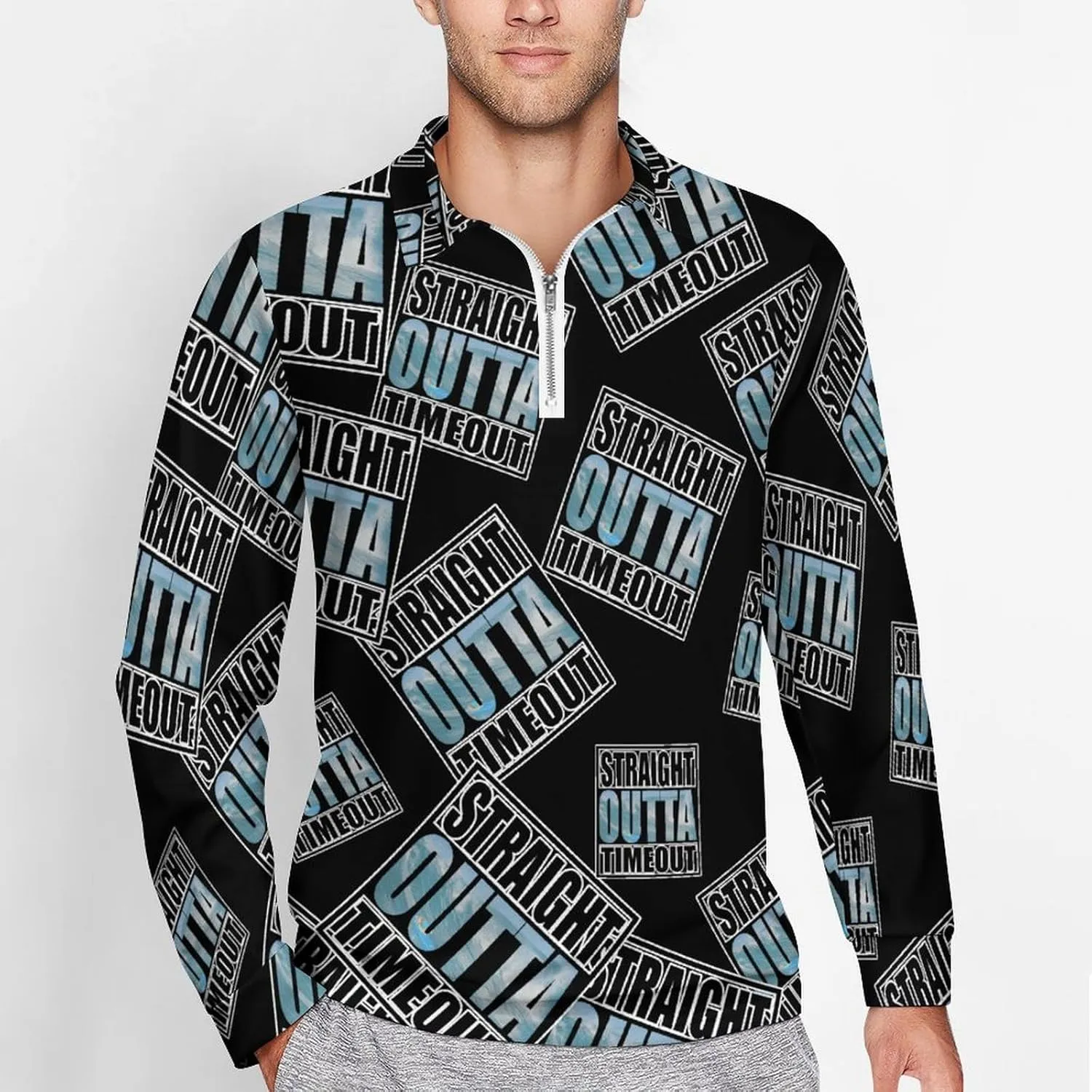 Straight Outta Timeout Men's Zipped Long Sleeve Casual Sweatshirt Quick Dry Sports Outdoor Golf Tennis Shirt
