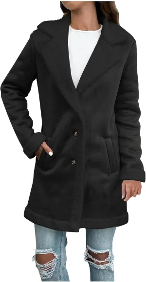 Suede Trench Coat Women Long Fleece Lined Coat Single Breasted Pea Coat Notch Lapel Jacket Fashion Winter Coats
