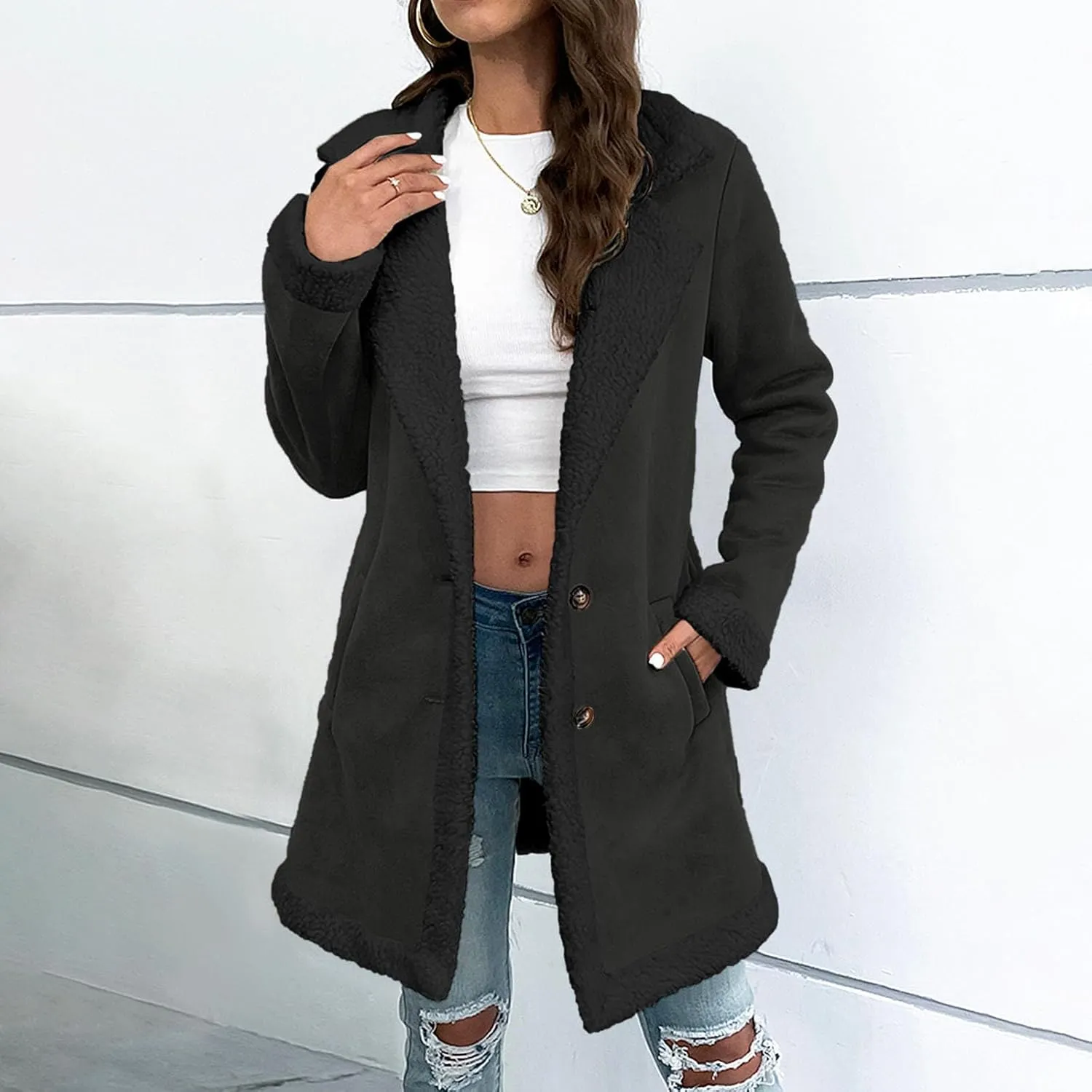 Suede Trench Coat Women Long Fleece Lined Coat Single Breasted Pea Coat Notch Lapel Jacket Fashion Winter Coats