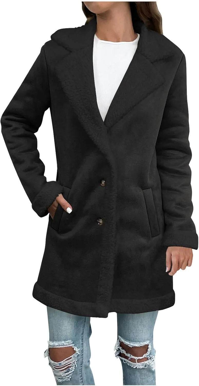 Suede Trench Coat Women Long Fleece Lined Coat Single Breasted Pea Coat Notch Lapel Jacket Fashion Winter Coats