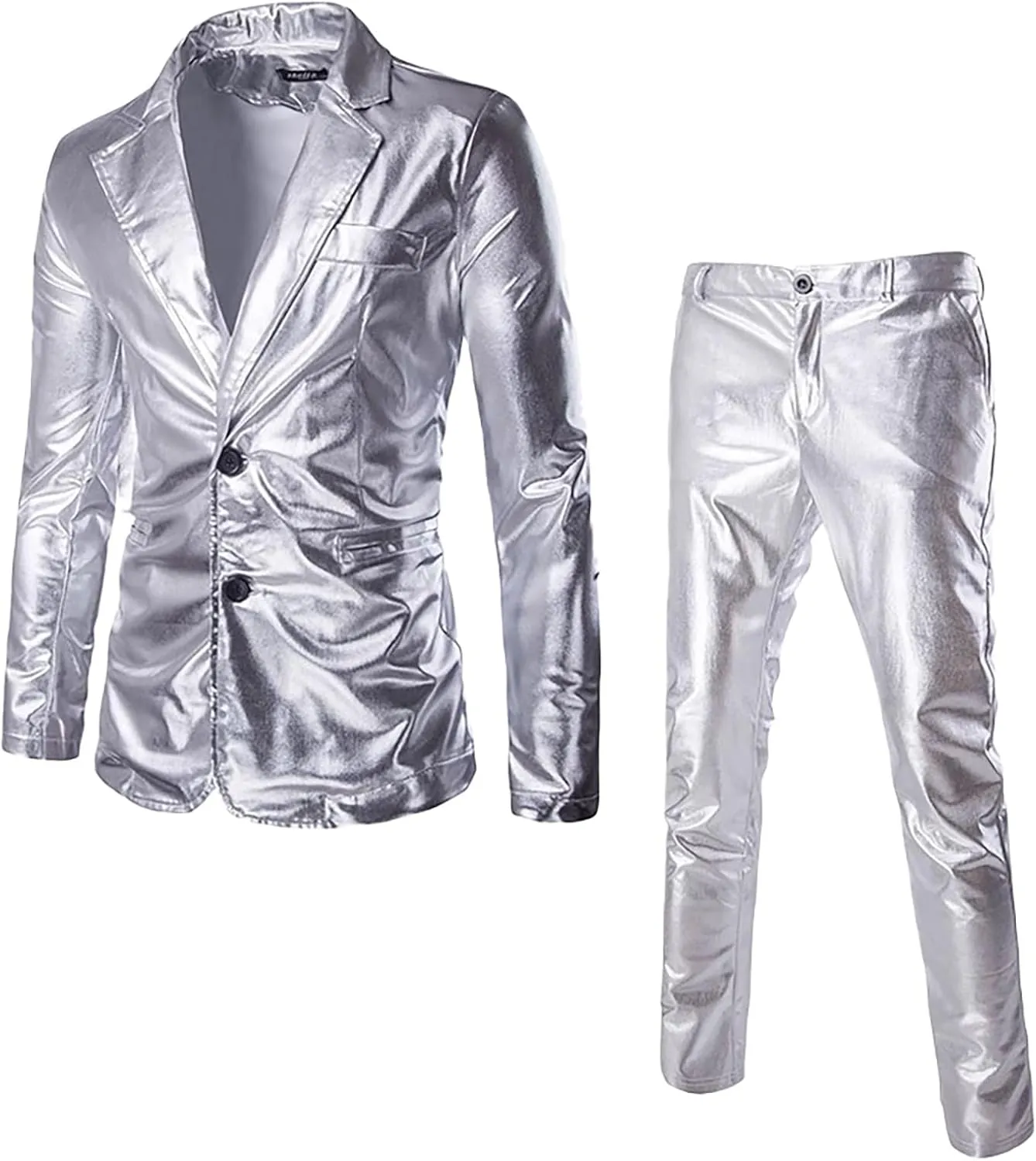 Suit for Men Faux Leather Single Breasted 2 Piece Tuxedo Set PU Leather Regular Fit Peak Lapel Jacket and Pants Set