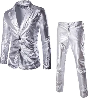 Suit for Men Faux Leather Single Breasted 2 Piece Tuxedo Set PU Leather Regular Fit Peak Lapel Jacket and Pants Set