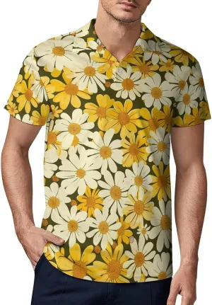 Summer Floral Yellow White Flowers Men's Polo-Shirt Regular-Fit Short Sleeve Sports Quick Dry Golf Tennis T-Shirt