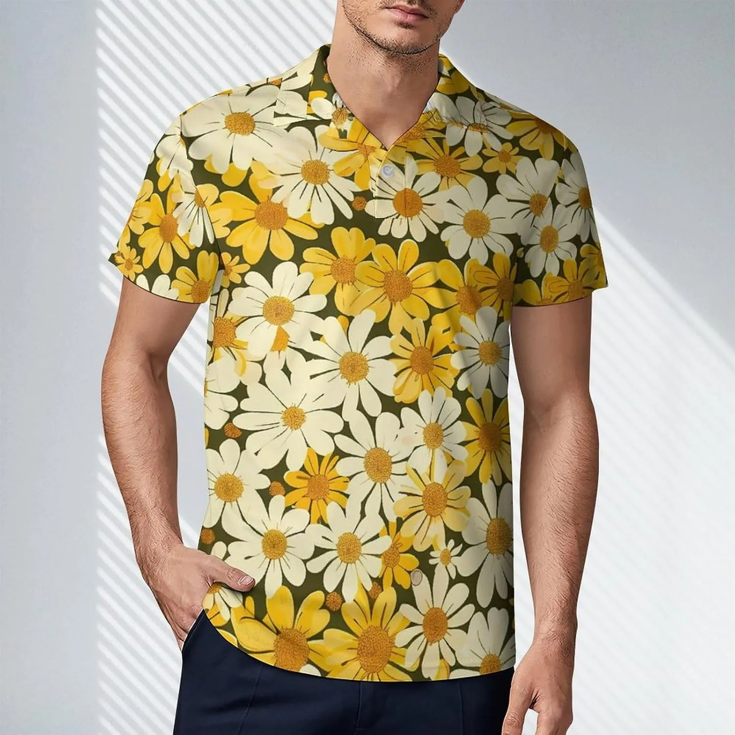 Summer Floral Yellow White Flowers Men's Polo-Shirt Regular-Fit Short Sleeve Sports Quick Dry Golf Tennis T-Shirt