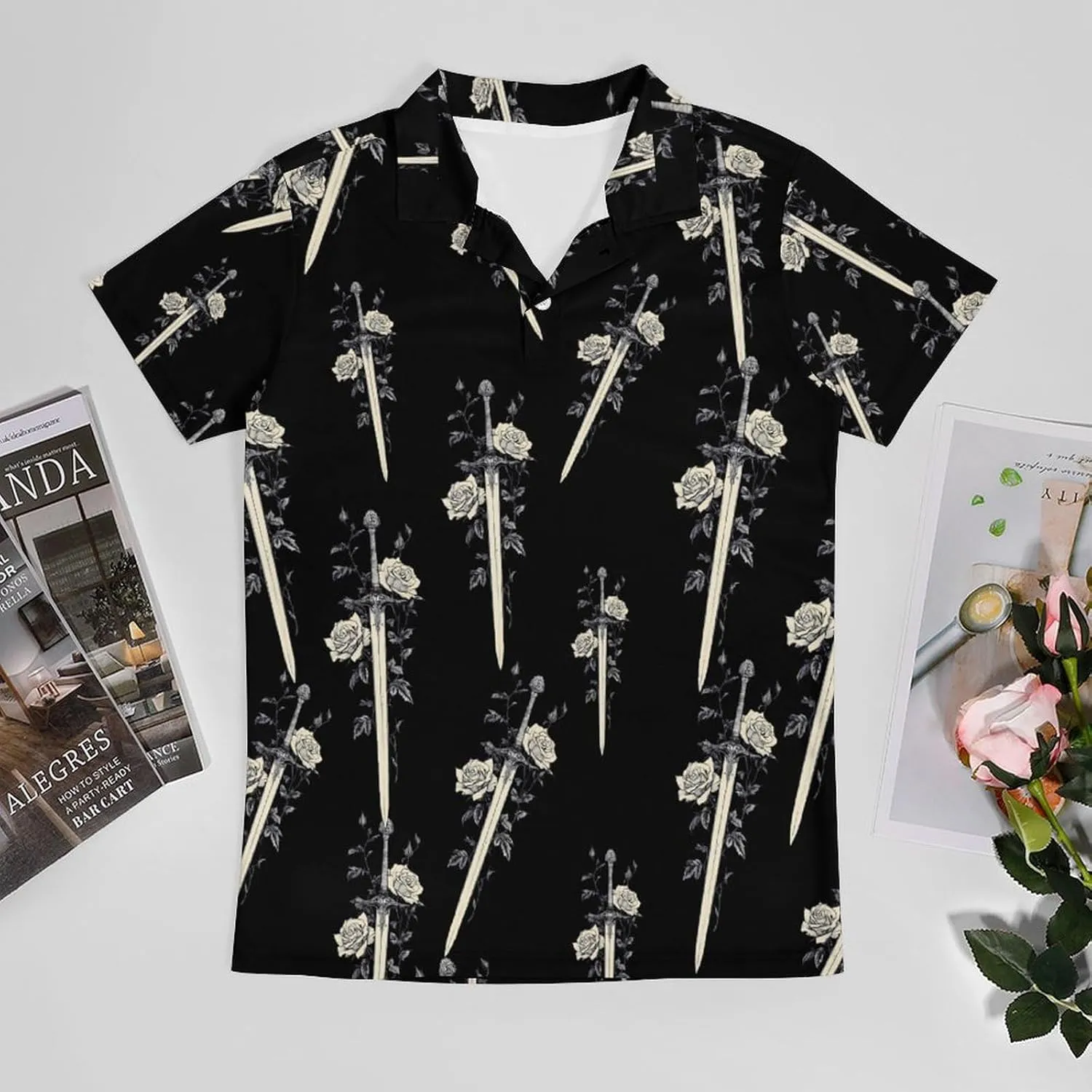 Sword with Roses Flowers Men's Polo-Shirt Regular-Fit Short Sleeve Sports Quick Dry Golf Tennis T-Shirt