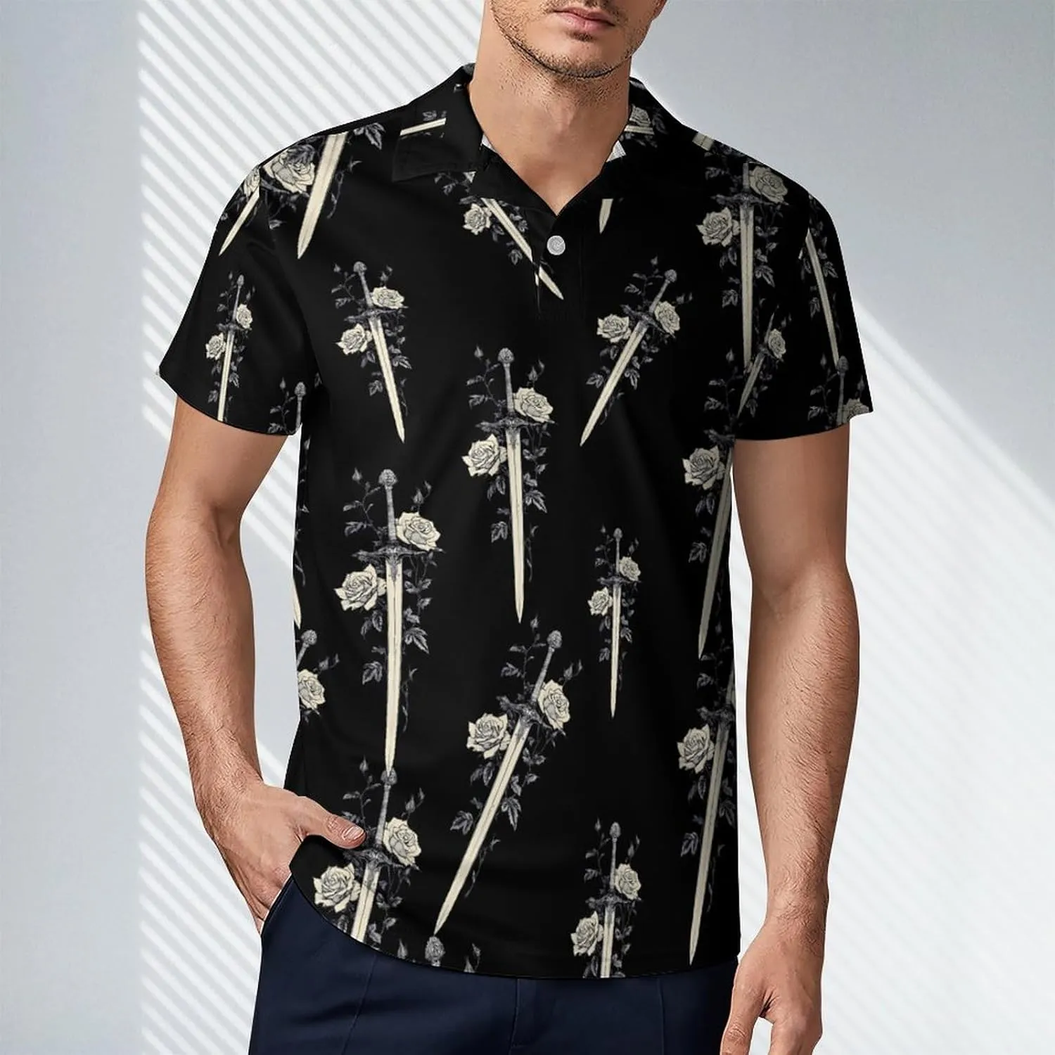 Sword with Roses Flowers Men's Polo-Shirt Regular-Fit Short Sleeve Sports Quick Dry Golf Tennis T-Shirt