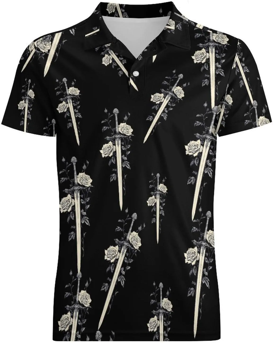 Sword with Roses Flowers Men's Polo-Shirt Regular-Fit Short Sleeve Sports Quick Dry Golf Tennis T-Shirt