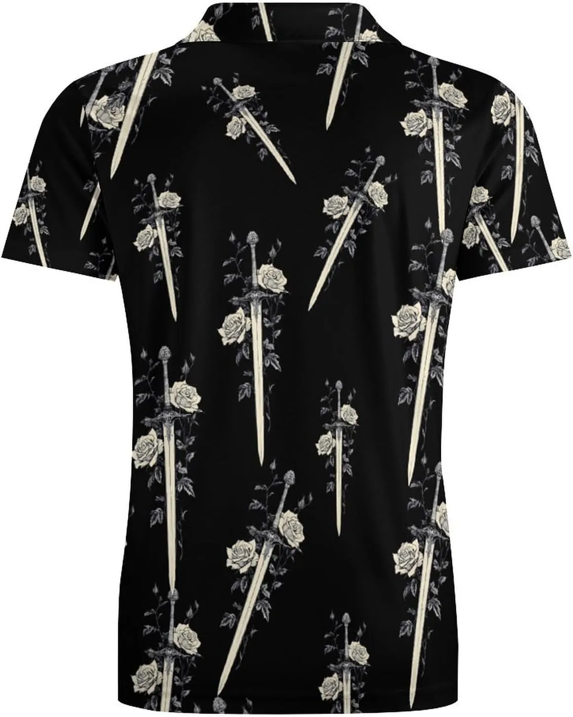 Sword with Roses Flowers Men's Polo-Shirt Regular-Fit Short Sleeve Sports Quick Dry Golf Tennis T-Shirt