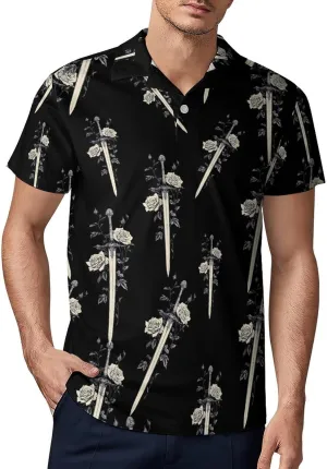 Sword with Roses Flowers Men's Polo-Shirt Regular-Fit Short Sleeve Sports Quick Dry Golf Tennis T-Shirt
