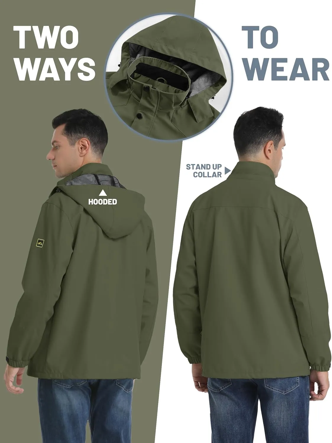 TACVASEN Men's Rain Jacket Lightweight Windbreaker with Hooded Water Resistant Outdoor Raincoat for Hiking Travel Camping