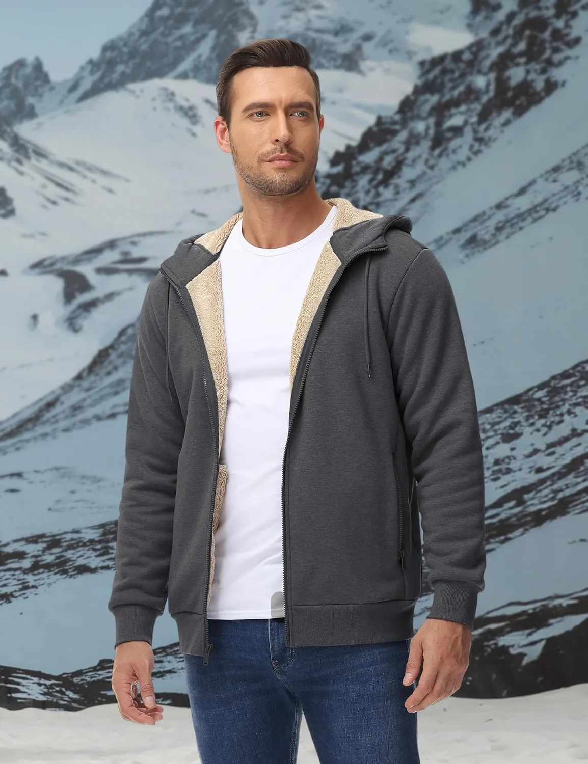 TACVASEN Men's Zip Up Sherpa Lined Hoodies Thick Fleece Heavyweight Jacket Windproof Thermal Zipper Sweatshirt