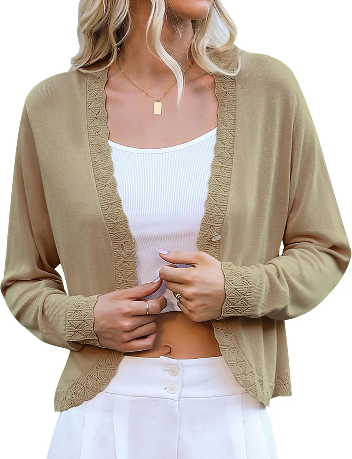 Totatuit Women's Crochet Cropped Cardigan Lightweight Long Sleeve Shrug Knit Bolero Button Down Sweater