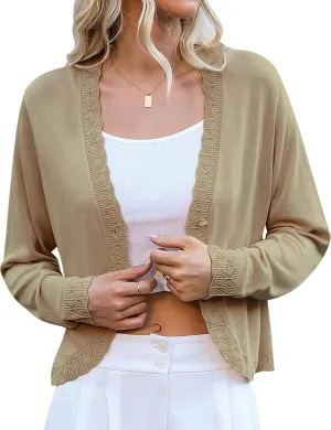 Totatuit Women's Crochet Cropped Cardigan Lightweight Long Sleeve Shrug Knit Bolero Button Down Sweater