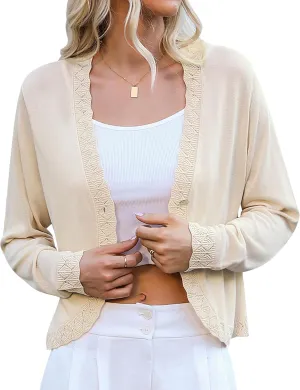 Totatuit Women's Crochet Cropped Cardigan Lightweight Long Sleeve Shrug Knit Bolero Button Down Sweater