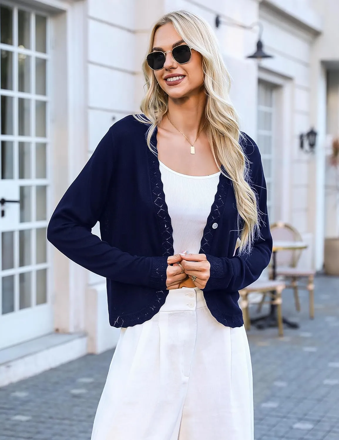 Totatuit Women's Crochet Cropped Cardigan Lightweight Long Sleeve Shrug Knit Bolero Button Down Sweater