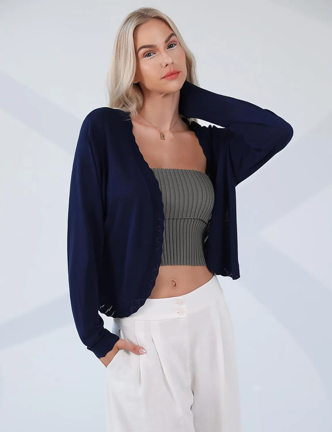Totatuit Women's Crochet Cropped Cardigan Lightweight Long Sleeve Shrug Knit Bolero Button Down Sweater