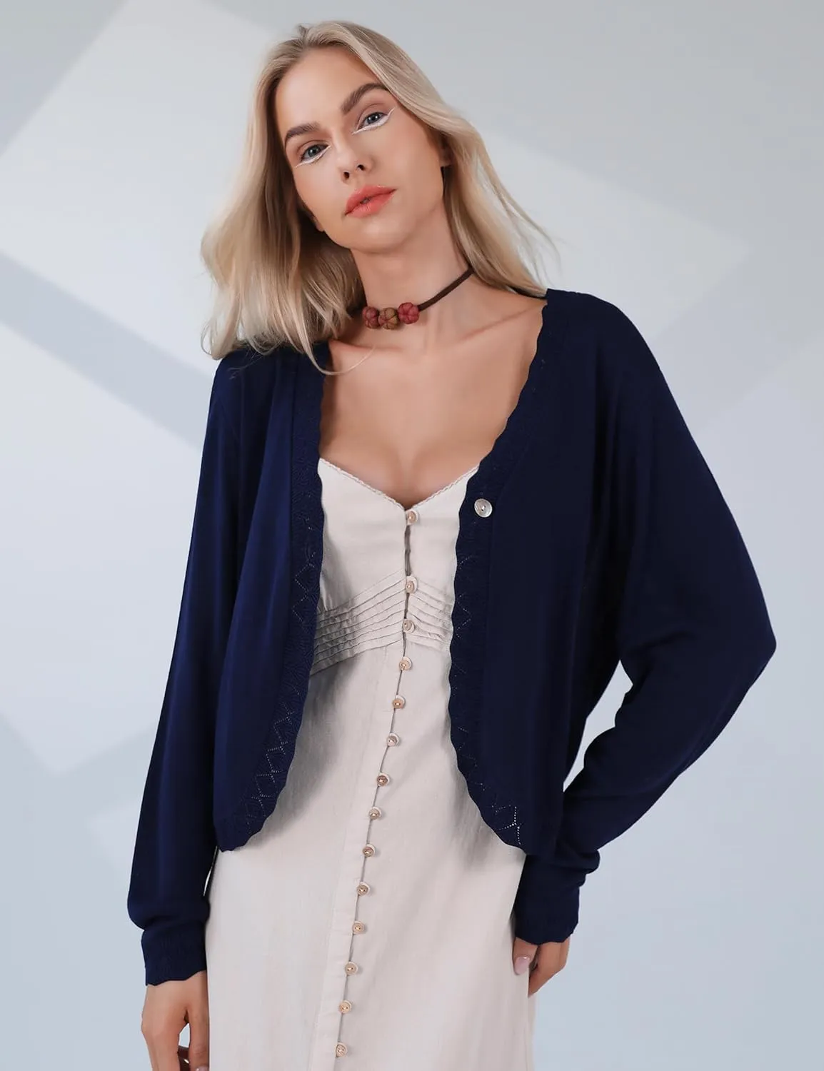 Totatuit Women's Crochet Cropped Cardigan Lightweight Long Sleeve Shrug Knit Bolero Button Down Sweater