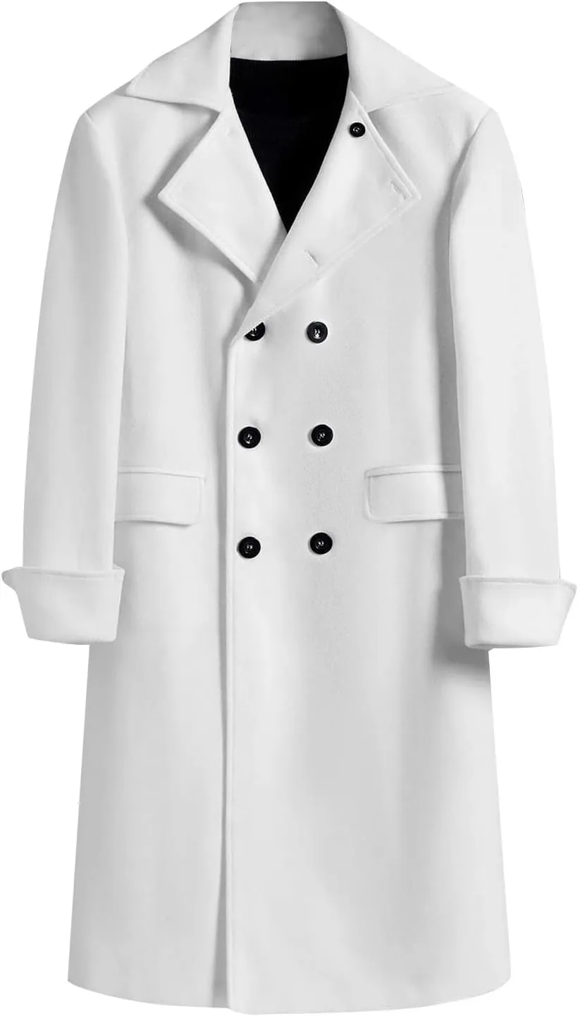 Trench Coat for Mens Casual Double Single Breasted Slim Jacket Overcoat Vintage Wool Blend Formal Pea Coats