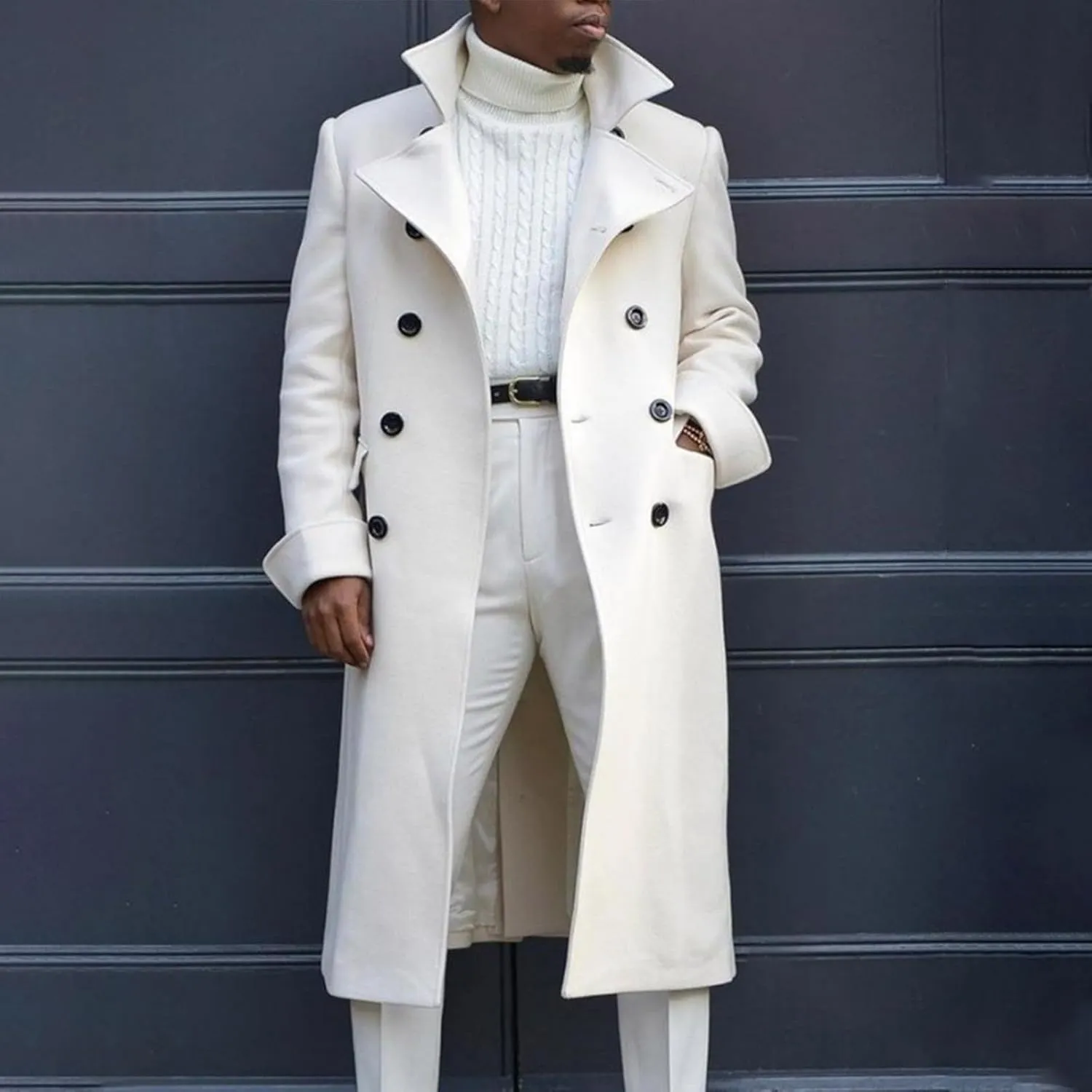 Trench Coat for Mens Casual Double Single Breasted Slim Jacket Overcoat Vintage Wool Blend Formal Pea Coats