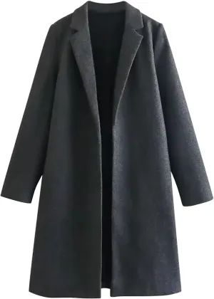 Trench Coat for Women 2024 Notch Lapel Pea Coat Wool Blend Long Coat Open Front Cardigan Trendy Fall Winter Coats
