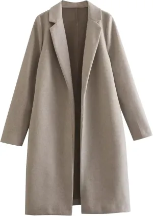 Trench Coat for Women 2024 Notch Lapel Pea Coat Wool Blend Long Coat Open Front Cardigan Trendy Fall Winter Coats