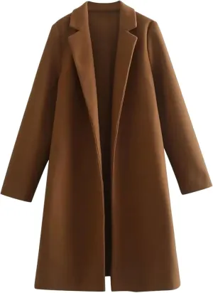 Trench Coat for Women 2024 Notch Lapel Pea Coat Wool Blend Long Coat Open Front Cardigan Trendy Fall Winter Coats