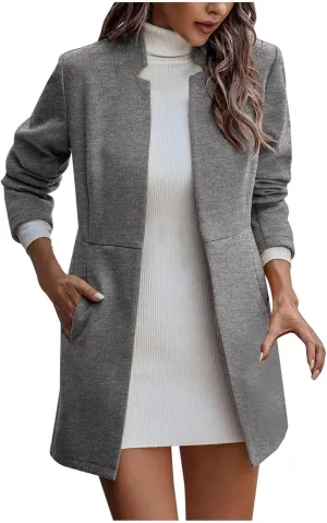 Trench Coat for Women Winter Mid Length Overcoat Notch Collar Open Front Wool Pea Coat Outerwear With Pockets
