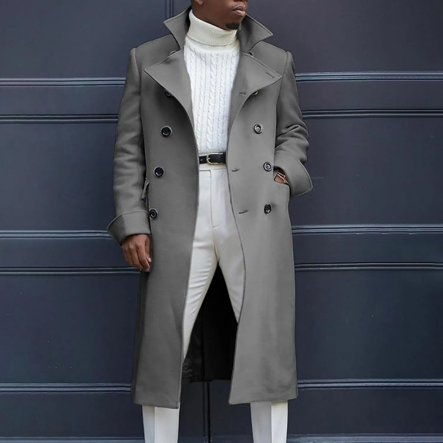 Trench Coat Slim Fit Notch Lapel Woolen Double Breasted Extended Coat Long Trench Coat Casual Blend Trench Coat