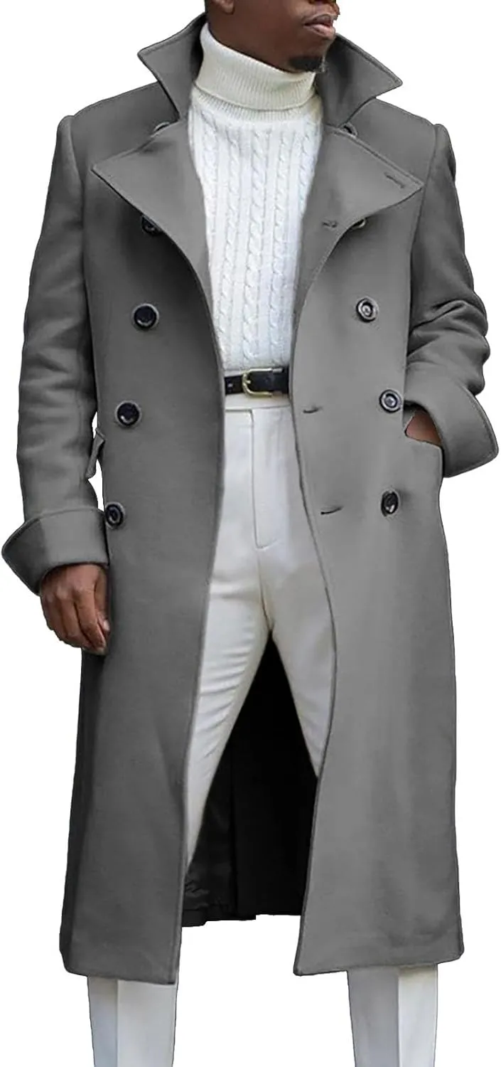 Trench Coat Slim Fit Notch Lapel Woolen Double Breasted Extended Coat Long Trench Coat Casual Blend Trench Coat
