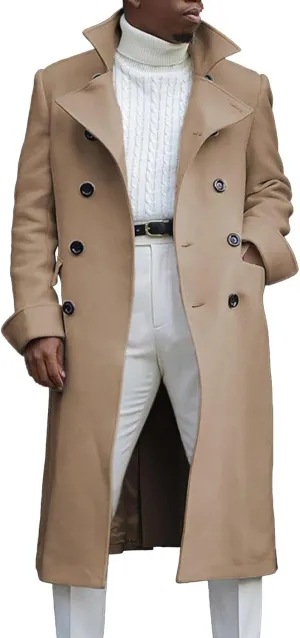 Trench Coat Slim Fit Notch Lapel Woolen Double Breasted Extended Coat Long Trench Coat Casual Blend Trench Coat