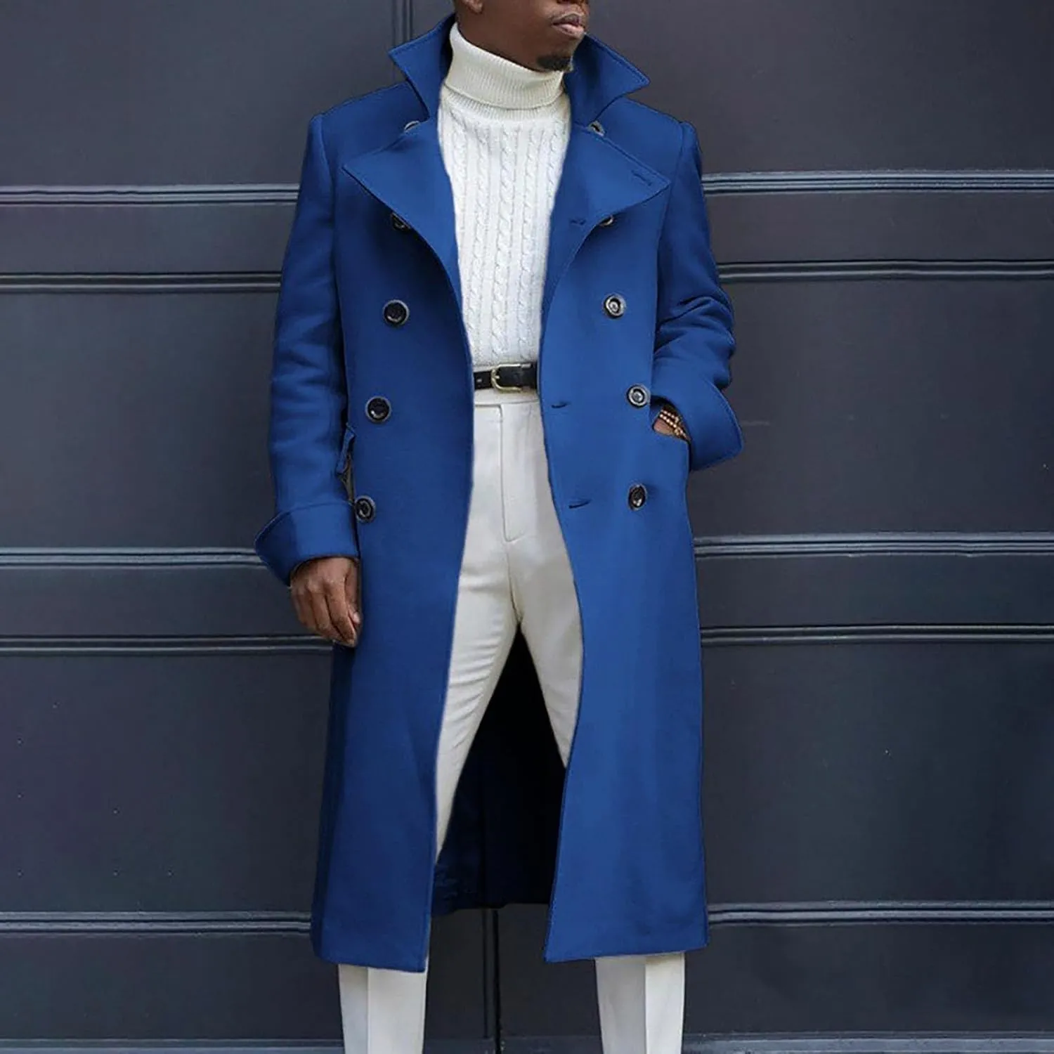 Trench Coat Slim Fit Notch Lapel Woolen Double Breasted Extended Coat Long Trench Coat Casual Blend Trench Coat