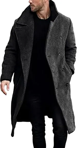 Trench Coat Slim Fit Notch Lapel Woolen Double Breasted Extended Coat Long Trench Coat Casual Blend Trench Coat