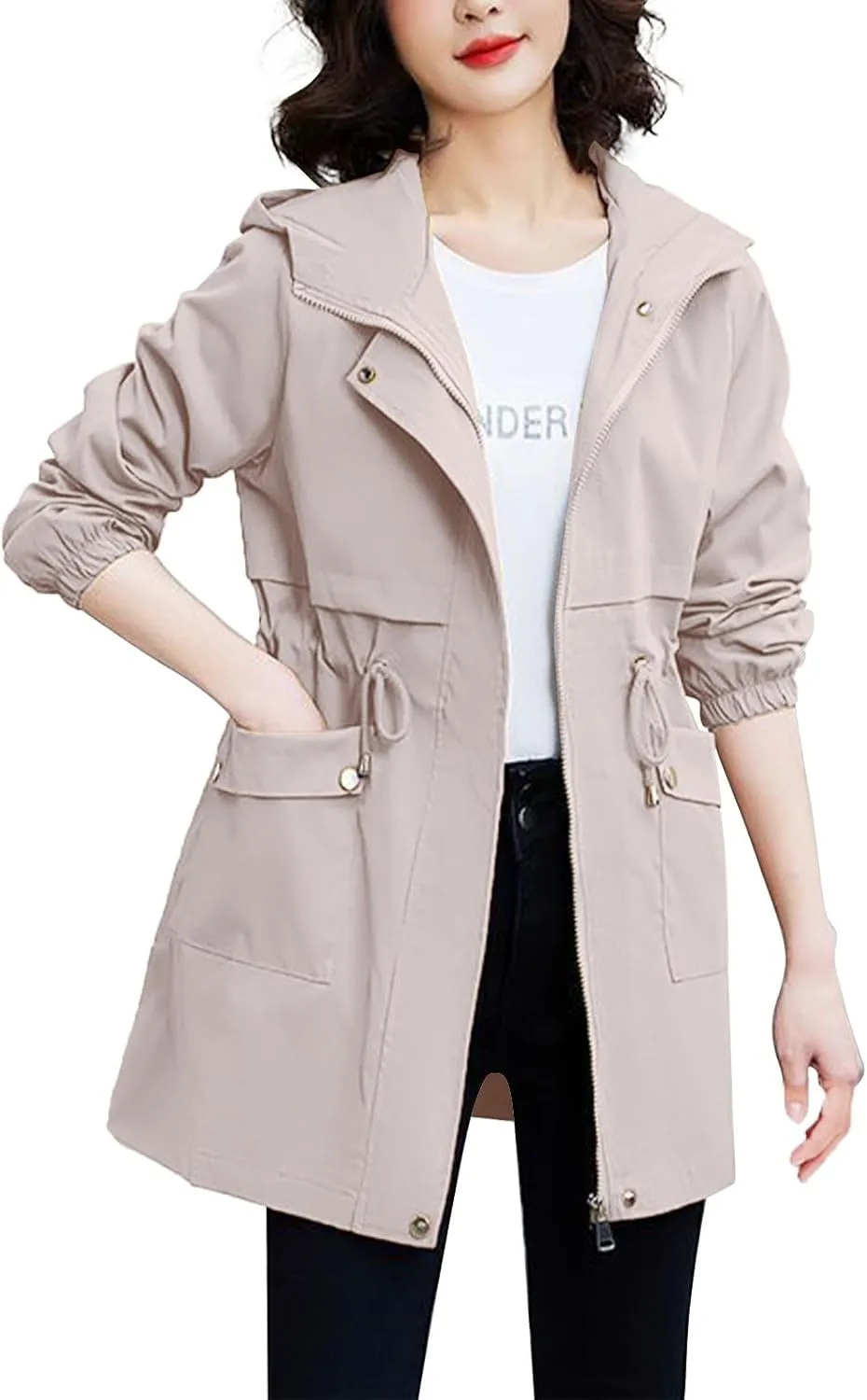 Trench Coat With Hood Women with Pockets Mid Length Windbreaker Casual Plus Size Drawstring Waist Zip Outdoor Jackets