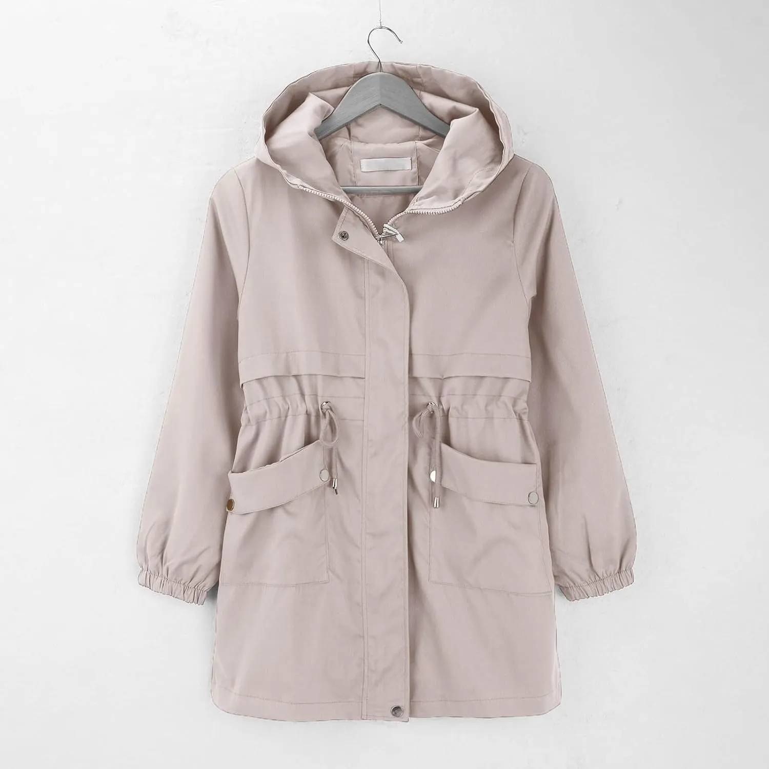 Trench Coat With Hood Women with Pockets Mid Length Windbreaker Casual Plus Size Drawstring Waist Zip Outdoor Jackets