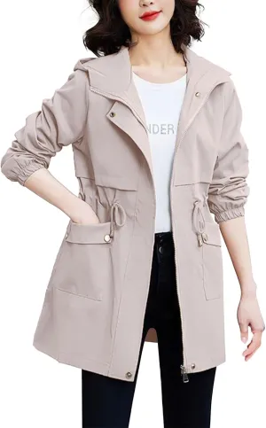 Trench Coat With Hood Women with Pockets Mid Length Windbreaker Casual Plus Size Drawstring Waist Zip Outdoor Jackets