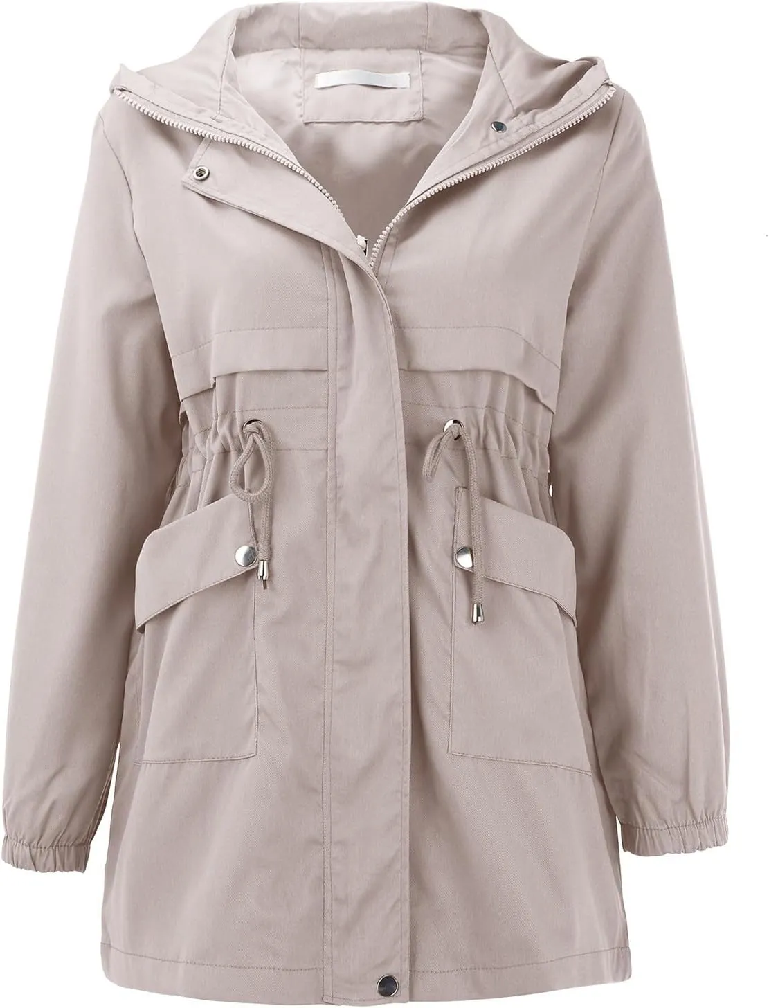 Trench Coat With Hood Women with Pockets Mid Length Windbreaker Casual Plus Size Drawstring Waist Zip Outdoor Jackets