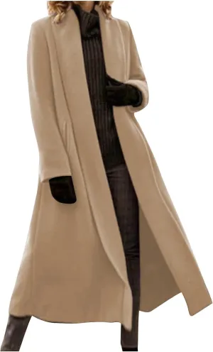 Trench Coat Women Winter Wool Blend Pea Coat Long Sleeve Lapel Coat Oversized Open Front Cardigan Sweater Coats