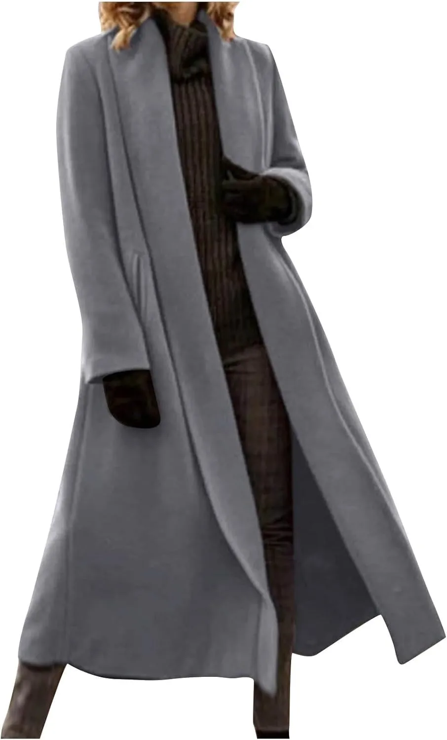 Trench Coat Women Winter Wool Blend Pea Coat Long Sleeve Lapel Coat Oversized Open Front Cardigan Sweater Coats