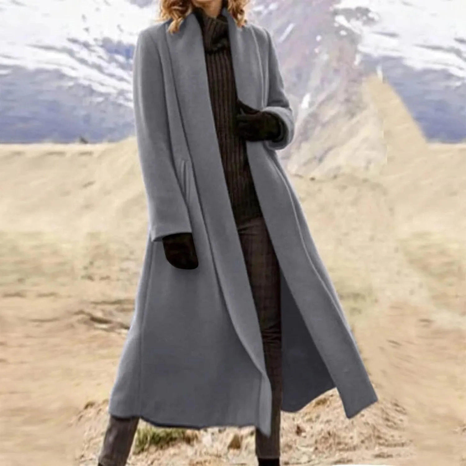 Trench Coat Women Winter Wool Blend Pea Coat Long Sleeve Lapel Coat Oversized Open Front Cardigan Sweater Coats