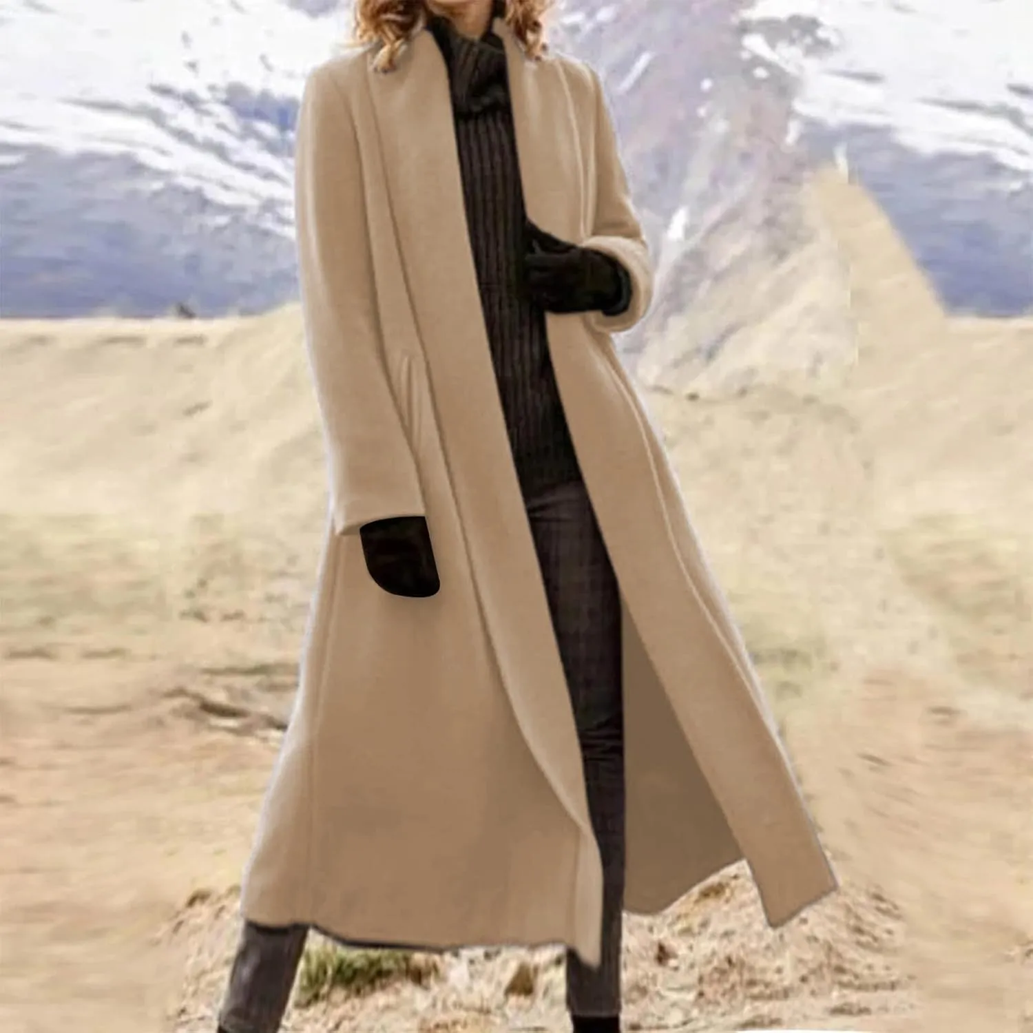 Trench Coat Women Winter Wool Blend Pea Coat Long Sleeve Lapel Coat Oversized Open Front Cardigan Sweater Coats