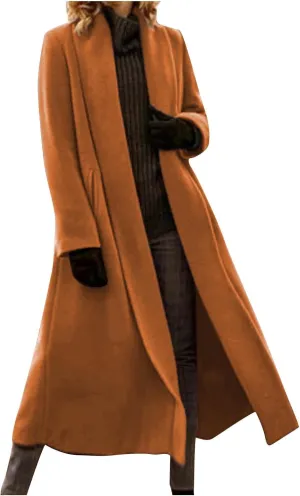Trench Coat Women Winter Wool Blend Pea Coat Long Sleeve Lapel Coat Oversized Open Front Cardigan Sweater Coats
