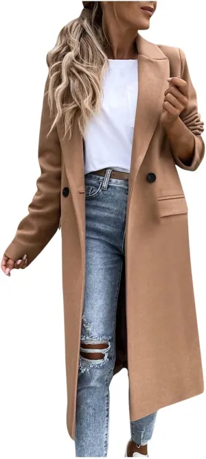 Trench Coats for Women 2024 Trendy Single Breasted Office Overcoats Notched Lapel Collar Wool Blend Pea Coat