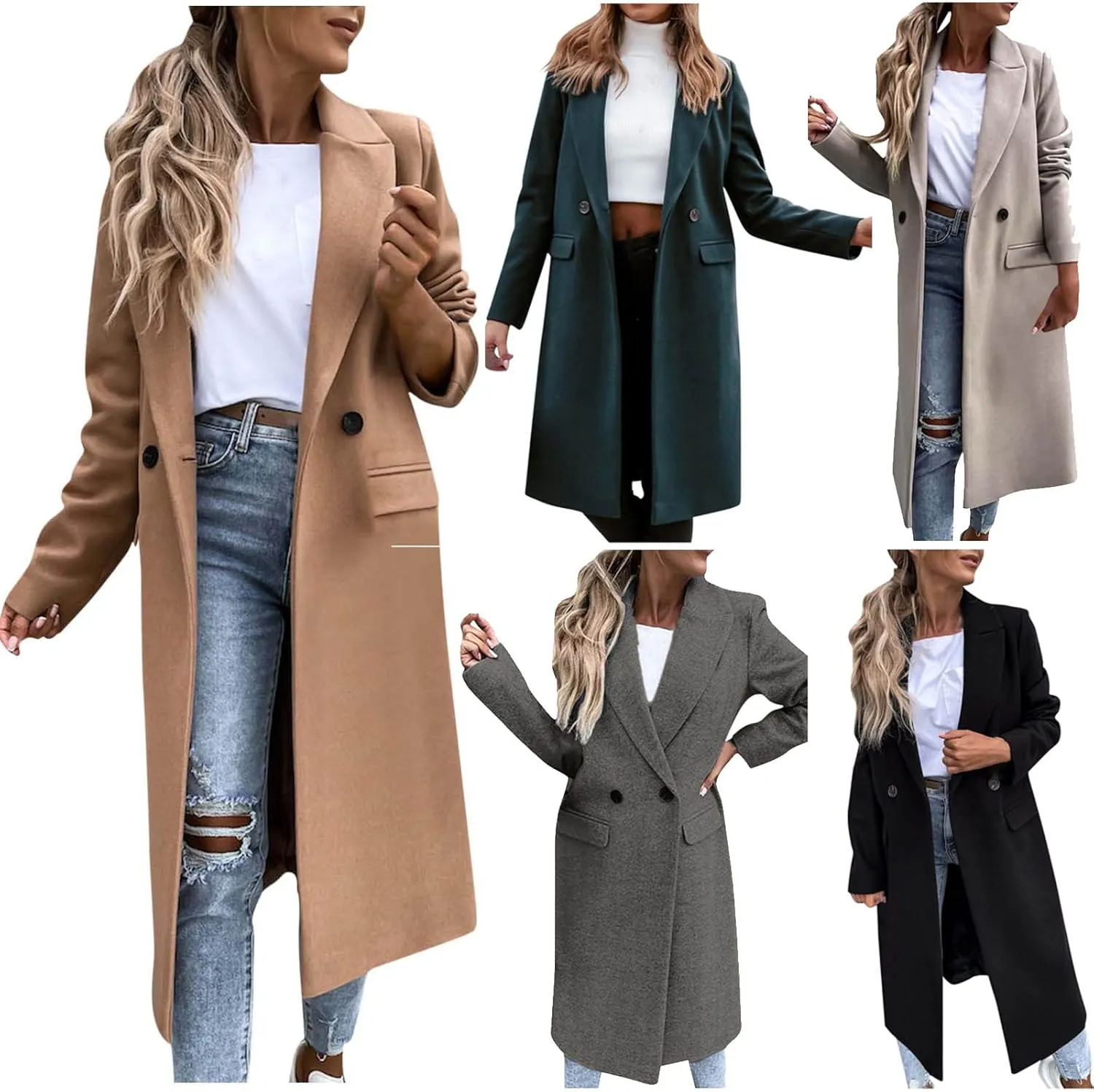 Trench Coats for Women 2024 Trendy Single Breasted Office Overcoats Notched Lapel Collar Wool Blend Pea Coat